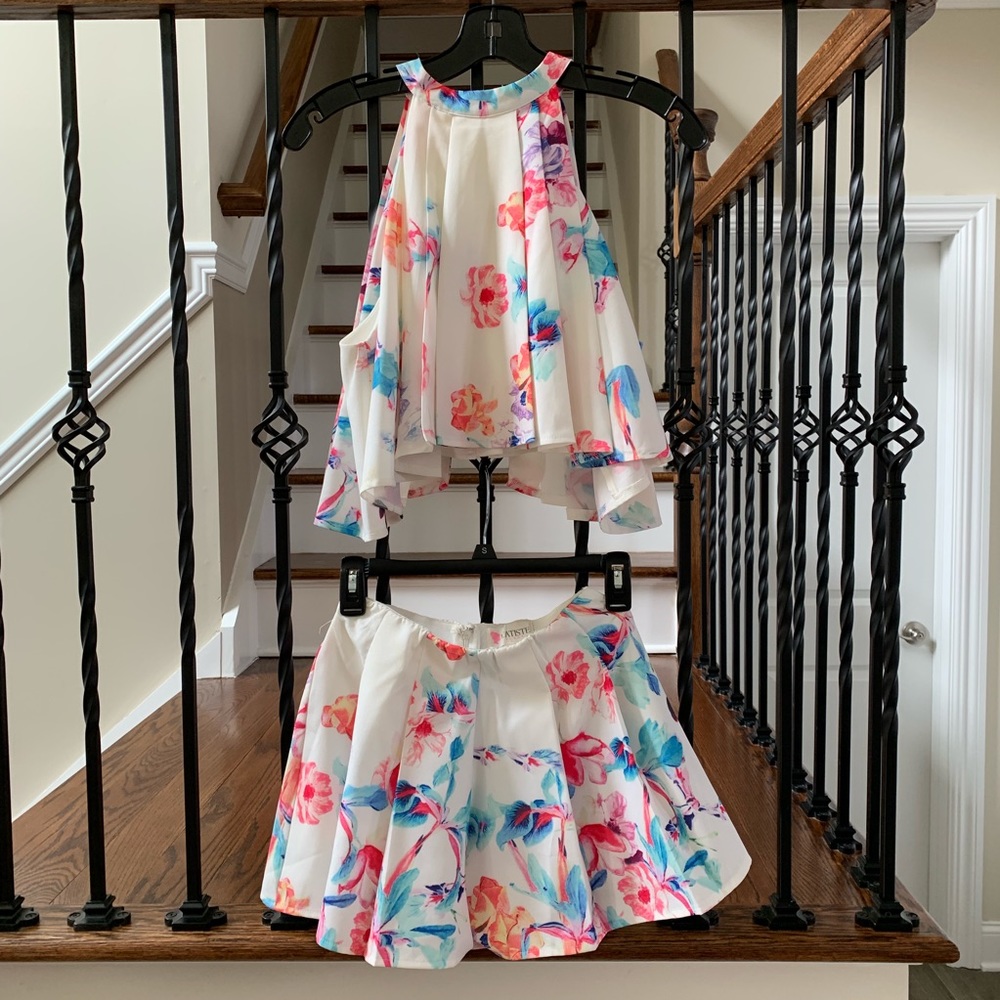2 piece white and floral halter top and shorts set